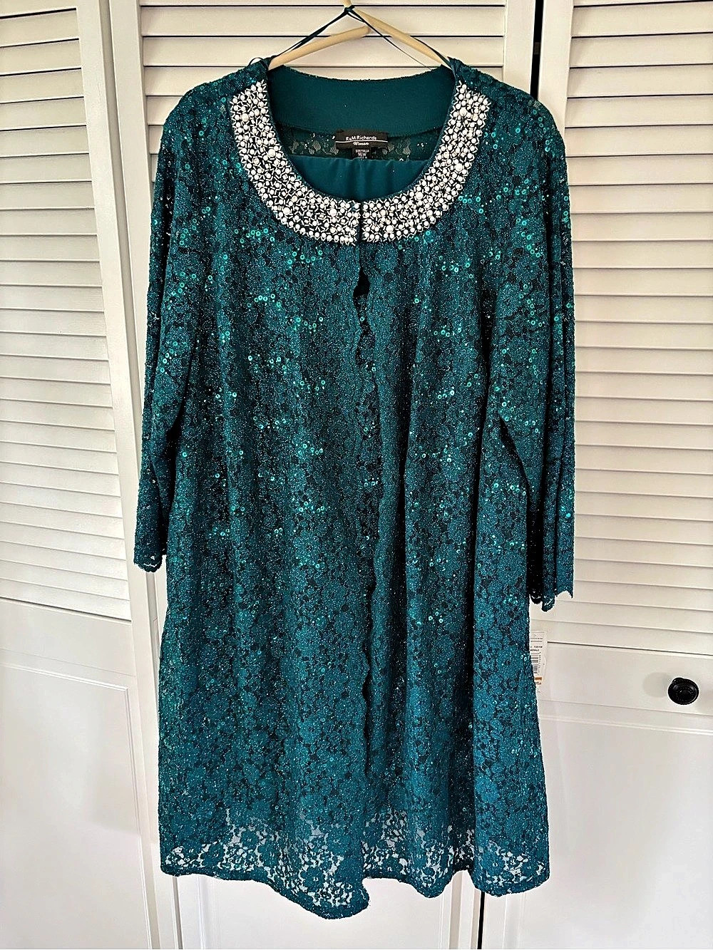 R&M Richards Glitter Embroidered Pant Suit with Pearl Neckline Pearl Neckline